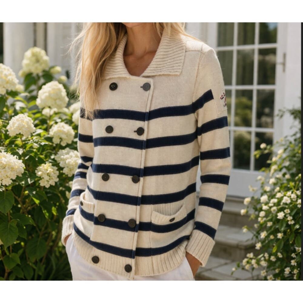 Ralph Lauren Women's White/Navy Double Breasted Cotton Knit Sweater - Sz M